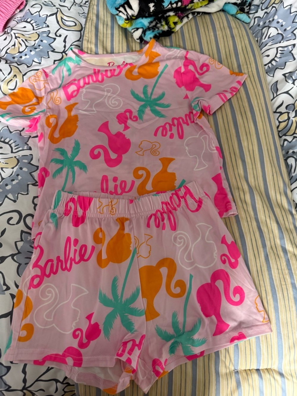 Primark Pink Barbie Print Girls Pajama Set with Orange & Teal Accents